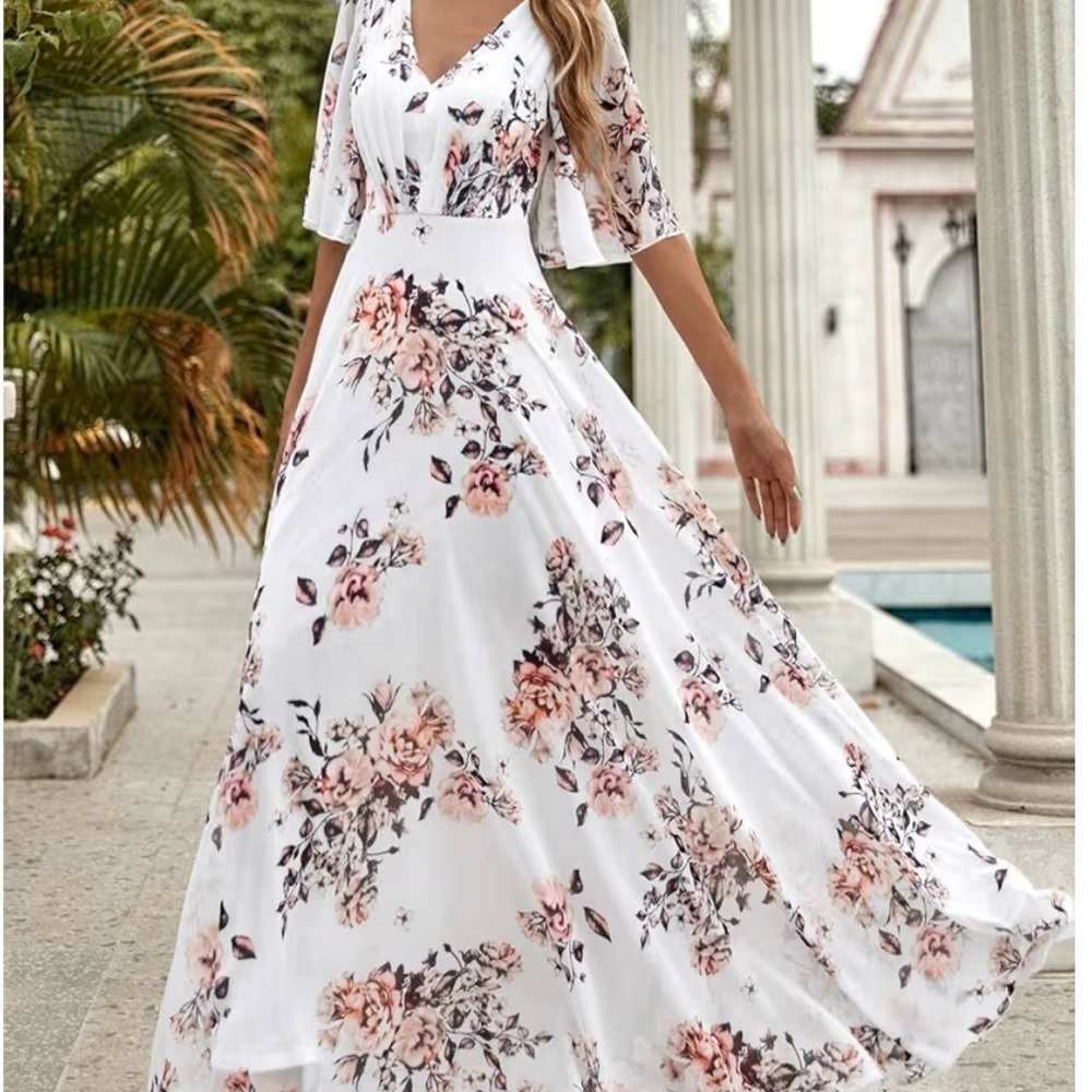 Floral Maxi Dress Wedding Formal V-Neck Flutter Sleeve White Pink Sz M